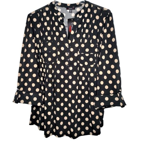 NWT Cocomo Plus Size 3X Black & Tan Polka Dot Pintucked 3/4 Sleeve Blouse Top - Picture 1 of 8